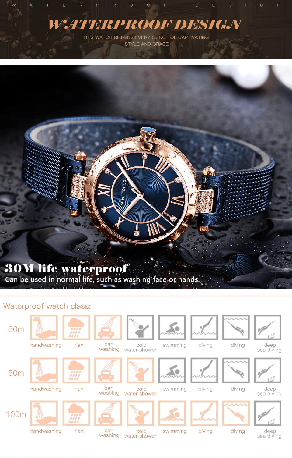 Mini Focus MF0215L Ladies Luxury Diamond Quartz Watch | Golden Mesh Strap | Waterproof Factory Wholesale