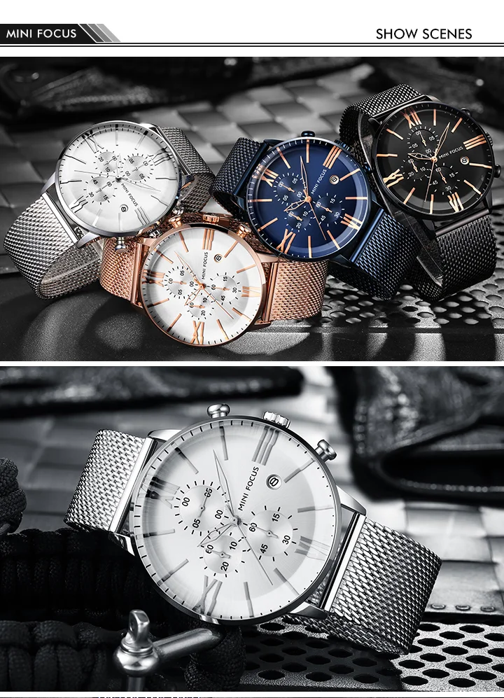 Mini Focus MF0236G Men’s Sports Quartz Watch | Chronograph Waterproof Stainless Steel Mesh Band