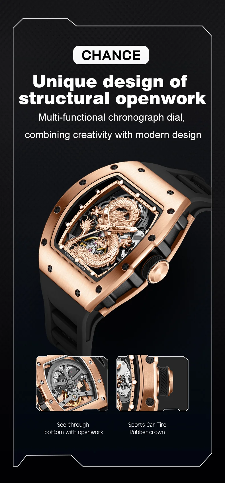 CHANCE 919015 Chinese Dragon Tourbillon Watch &ndash; Luxury Automatic Mechanical Watch with Hollow Dial for Men