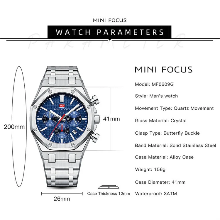 MINI FOCUS 0609 Elegance Men's Quartz Watch Stainless Steel, Luminous Chronometer for Business