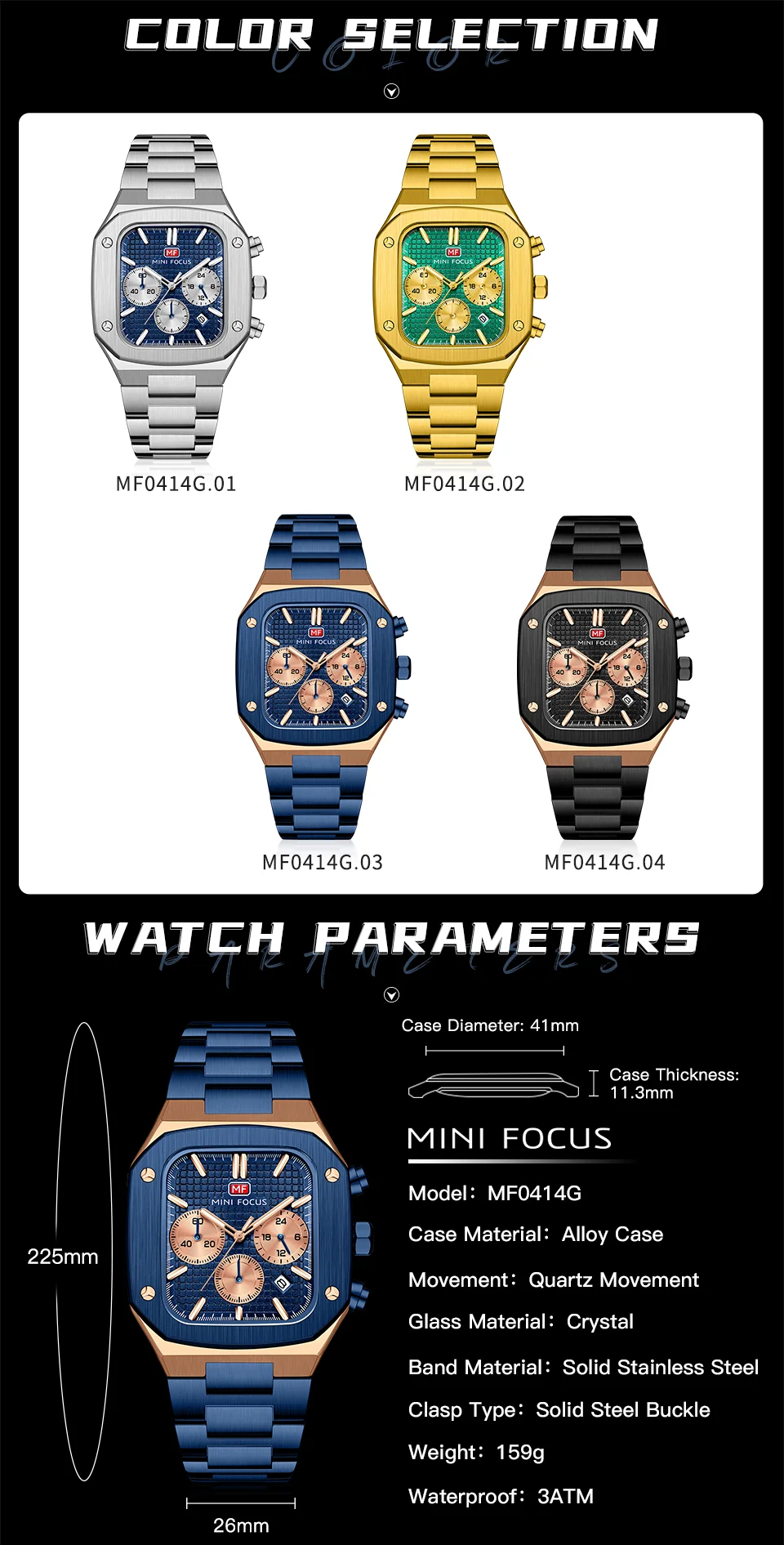 Stylish Luxury Quartz Watch for Men – Rose Gold Blue Chronograph by MINI FOCUS Factory Wholesale Supplier