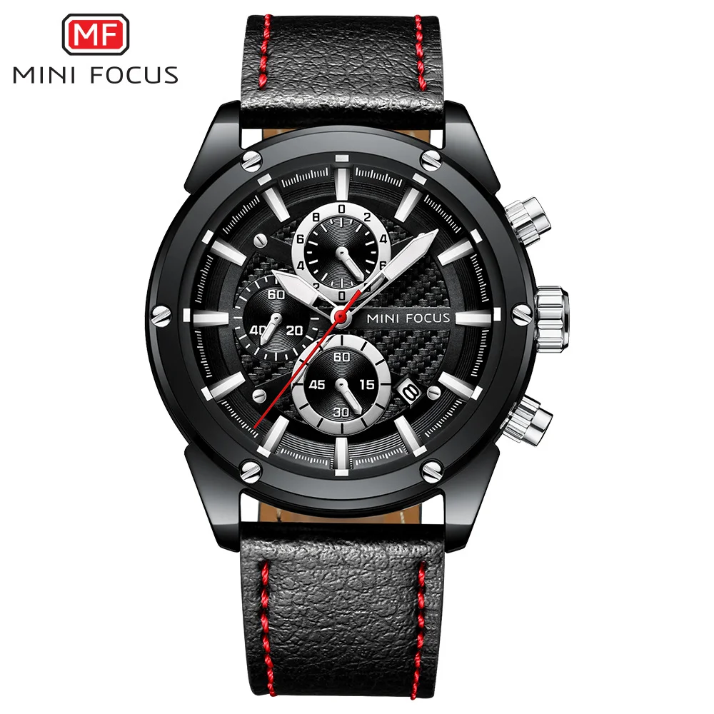 MINI FOCUS MF0161G Men’s Chronograph Quartz Watch | Three Eye Six Needle | High-Quality Leather Strap, Alloy Case