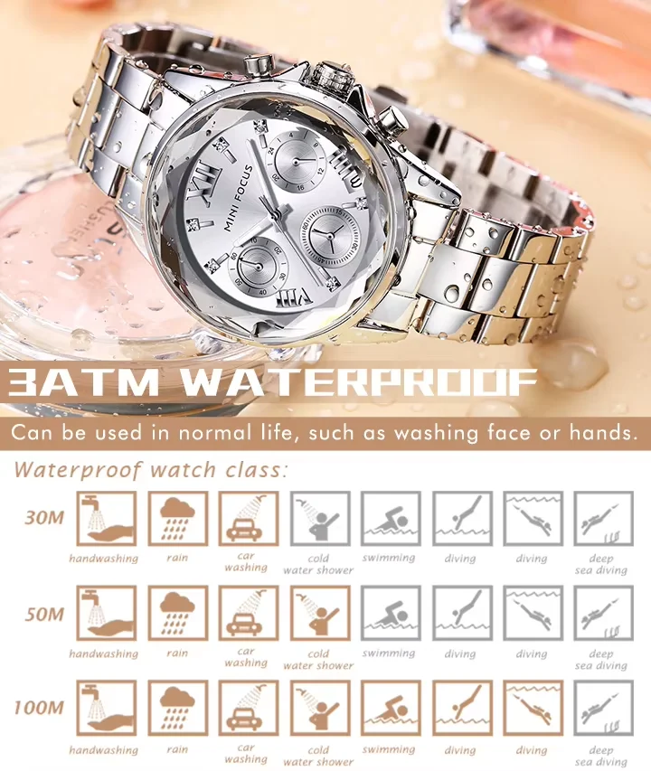 High-End Ladies Chronograph Watch &ndash; MINI FOCUS MF0466L Stainless Steel Strap  3 ATM Waterproof