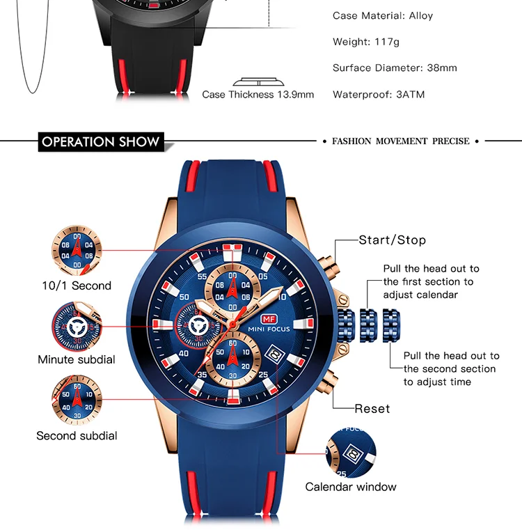Mini Focus Sports Quartz Watch | Blue Chronograph with Silicone Band & Date Display for Men