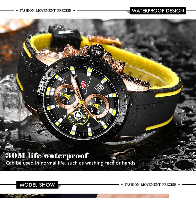 Mini Focus Sports Quartz Watch | Blue Chronograph with Silicone Band & Date Display for Men