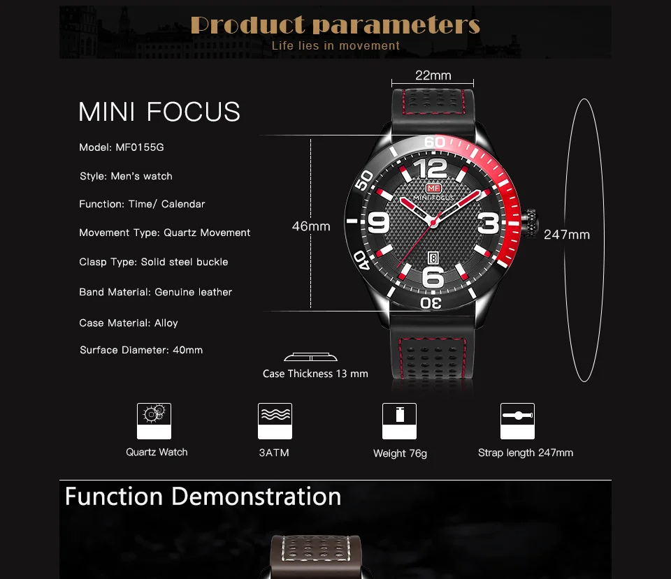 MINI FOCUS MF0155G Men’s Sport Quartz Watch | Waterproof Calendar Watch with Leather Strap – OEM Factory Supply