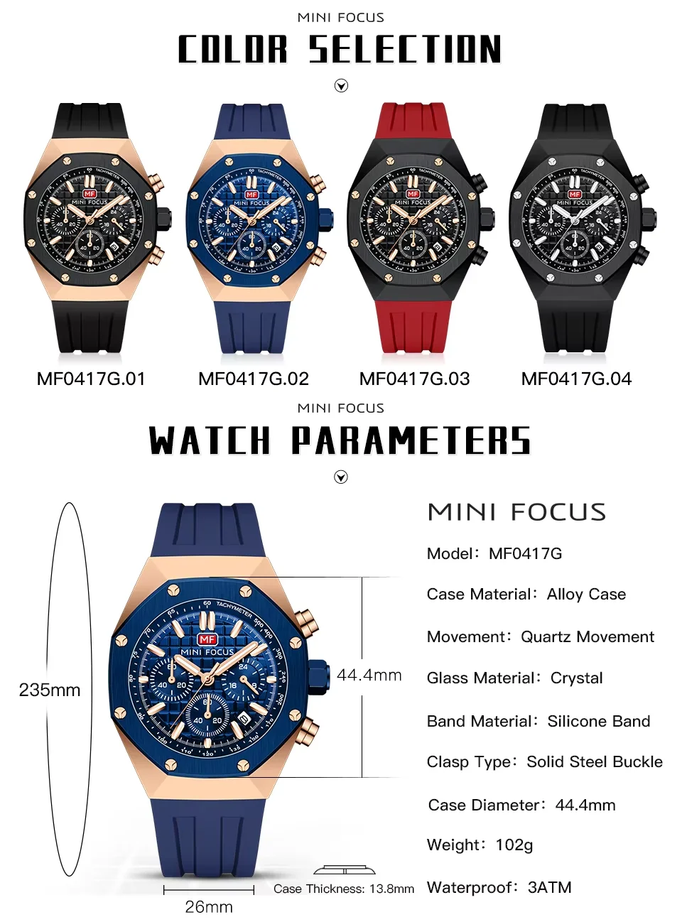 Sport Chronograph Quartz Watch for Men Waterproof Silicone Wristwatch by MINI FOCUS