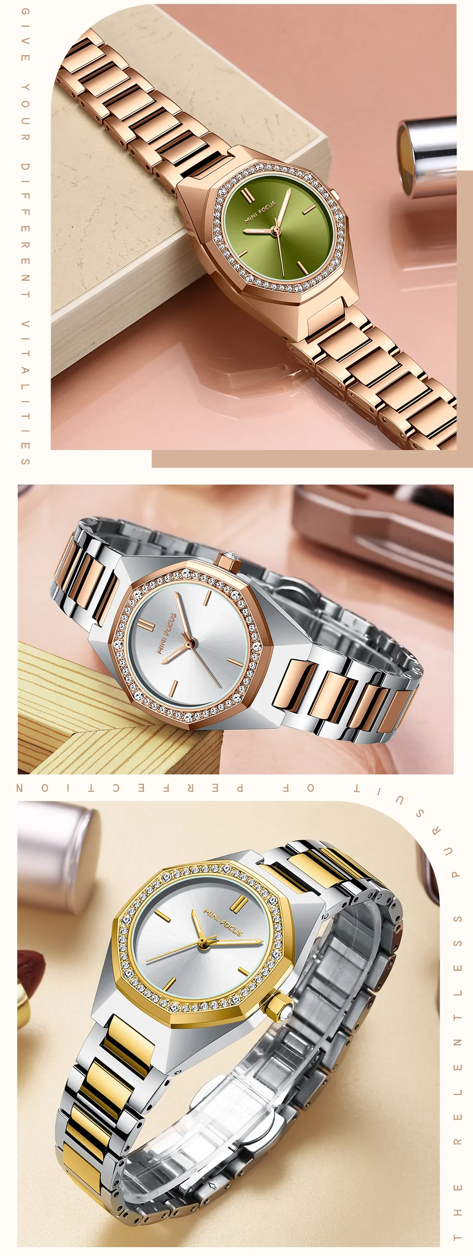 Elegant Rose Gold Women's Quartz Watch with Stainless Steel Strap Mini Focus Ladies Collection
