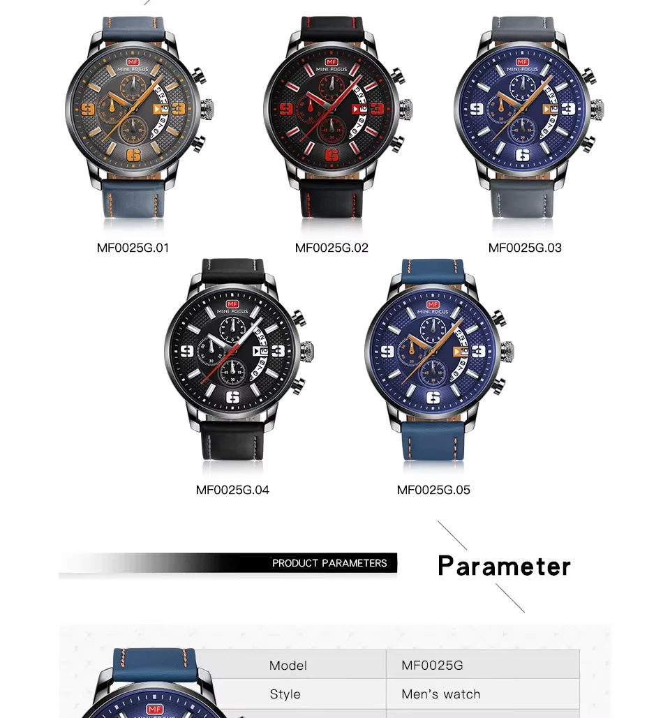 Mini Focus MF0025G Men’s Chronograph Quartz Watch | Leather Strap Waterproof 6-Hand Design | Factory Wholesale