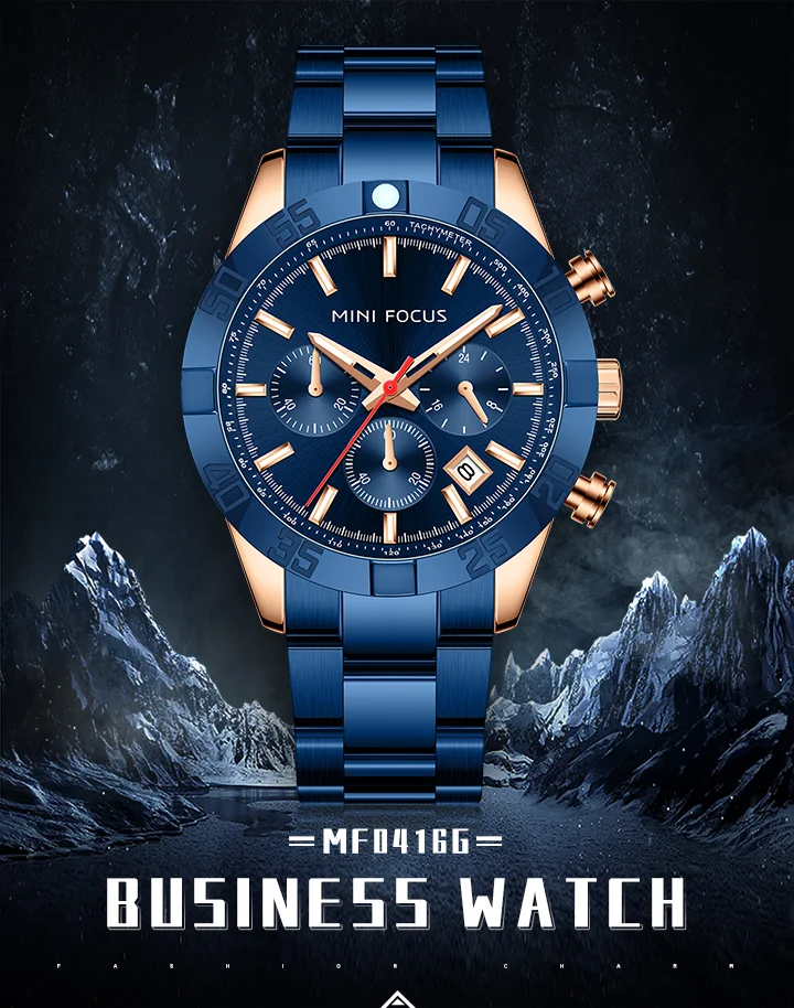 MINI FOCUS Business Chronograph Quartz Watch for Men Stainless Steel Wristwatch