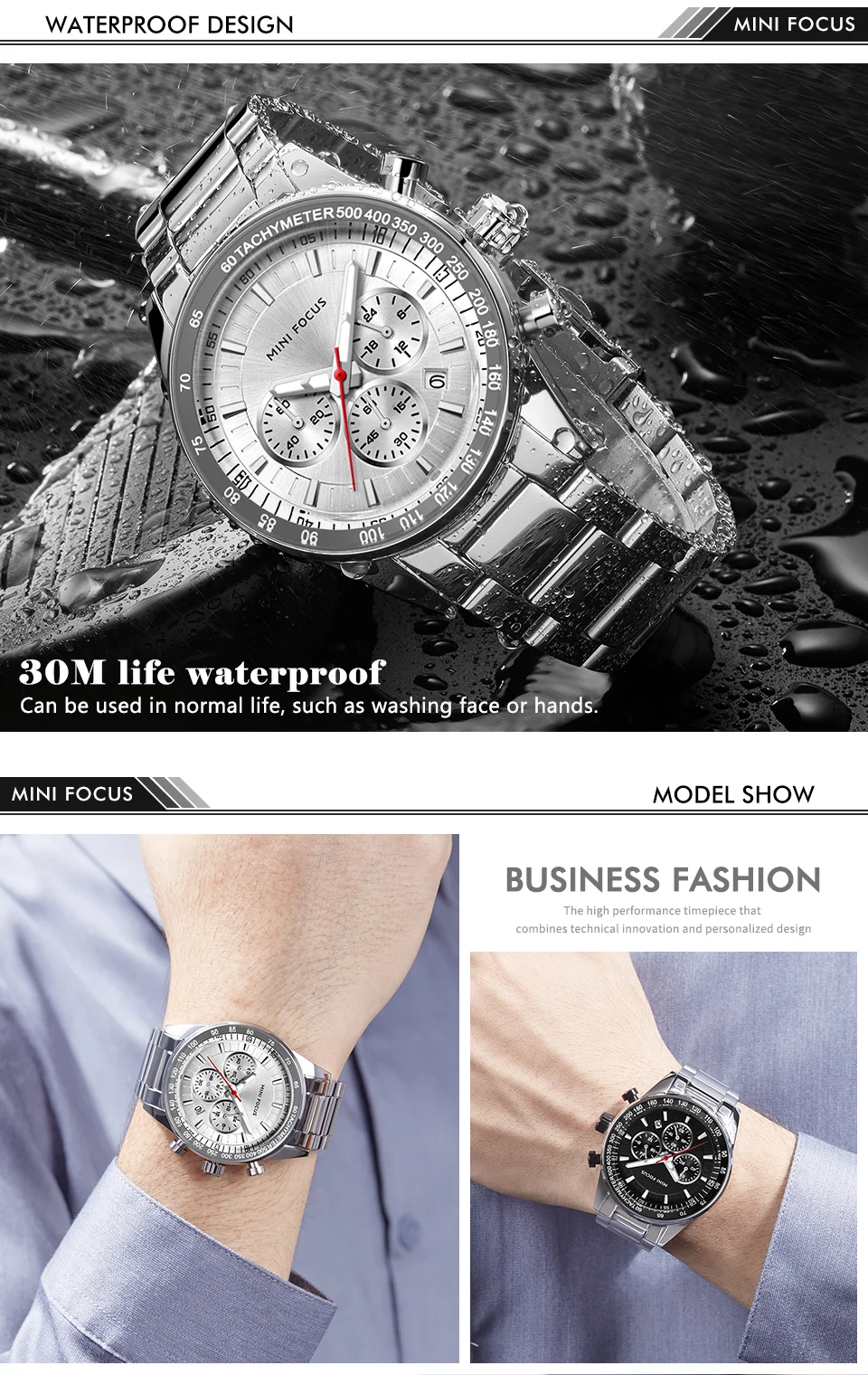 Mini Focus MF0187G Men’s Sports Chronograph Watch | Stainless Steel Wristwatch with Luminous Dial & Calendar