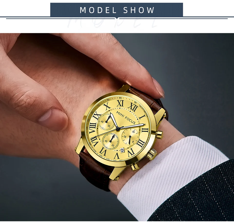 Fashion Leather Chronograph Watch for Men Classic Quartz Wristwatch by MINI FOCUS Wholesale 