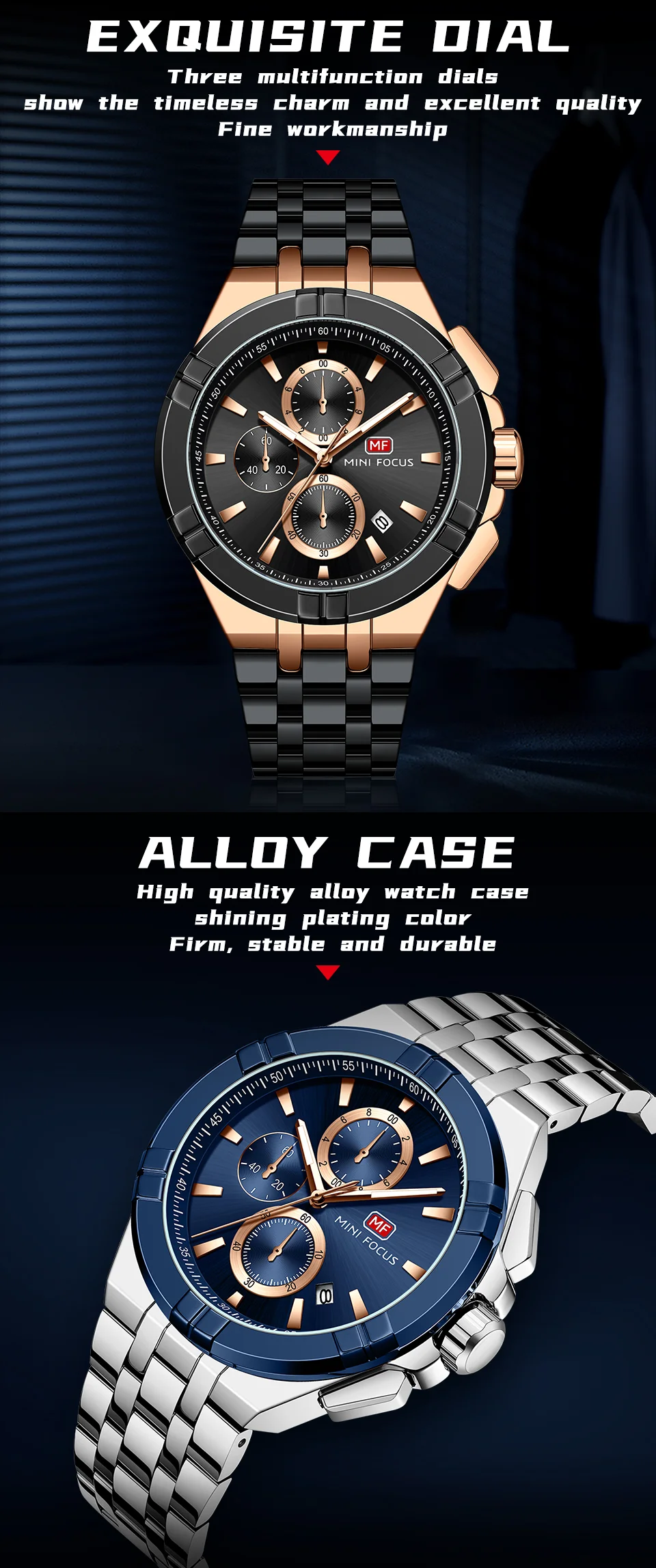 Mini Focus Top Sale Men’s Sports Chronometer Quartz Watch with Stainless Steel Band for Wholesale