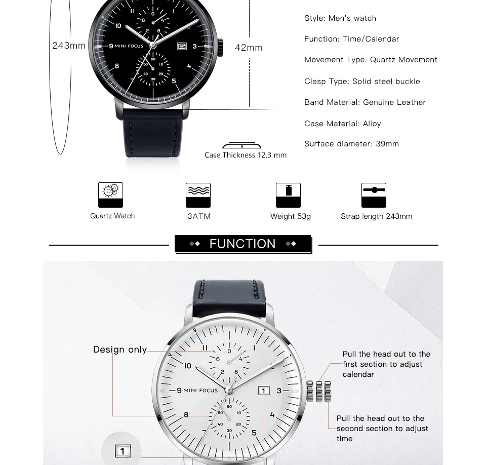 Mini Focus MF0052G Men's Business Quartz Watch | Leather Strap Calendar Design | Factory Direct Wholesale