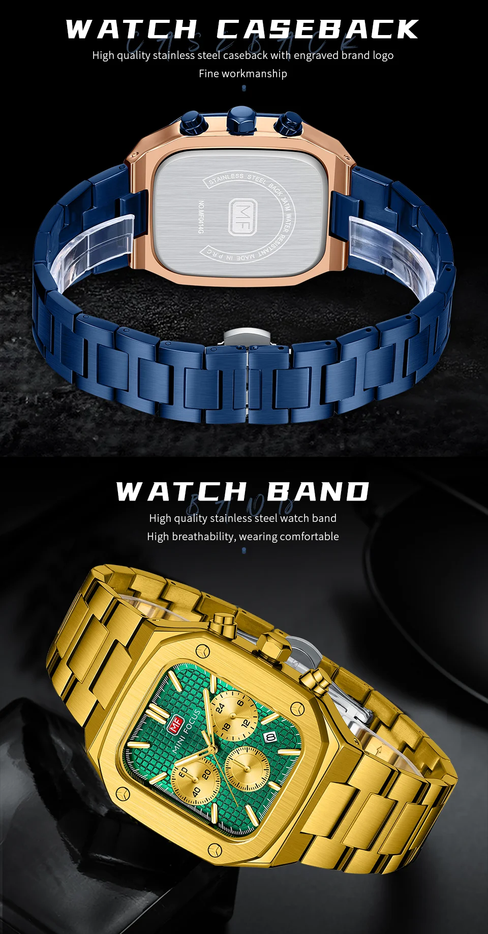 Stylish Luxury Quartz Watch for Men – Rose Gold Blue Chronograph by MINI FOCUS Factory Wholesale Supplier
