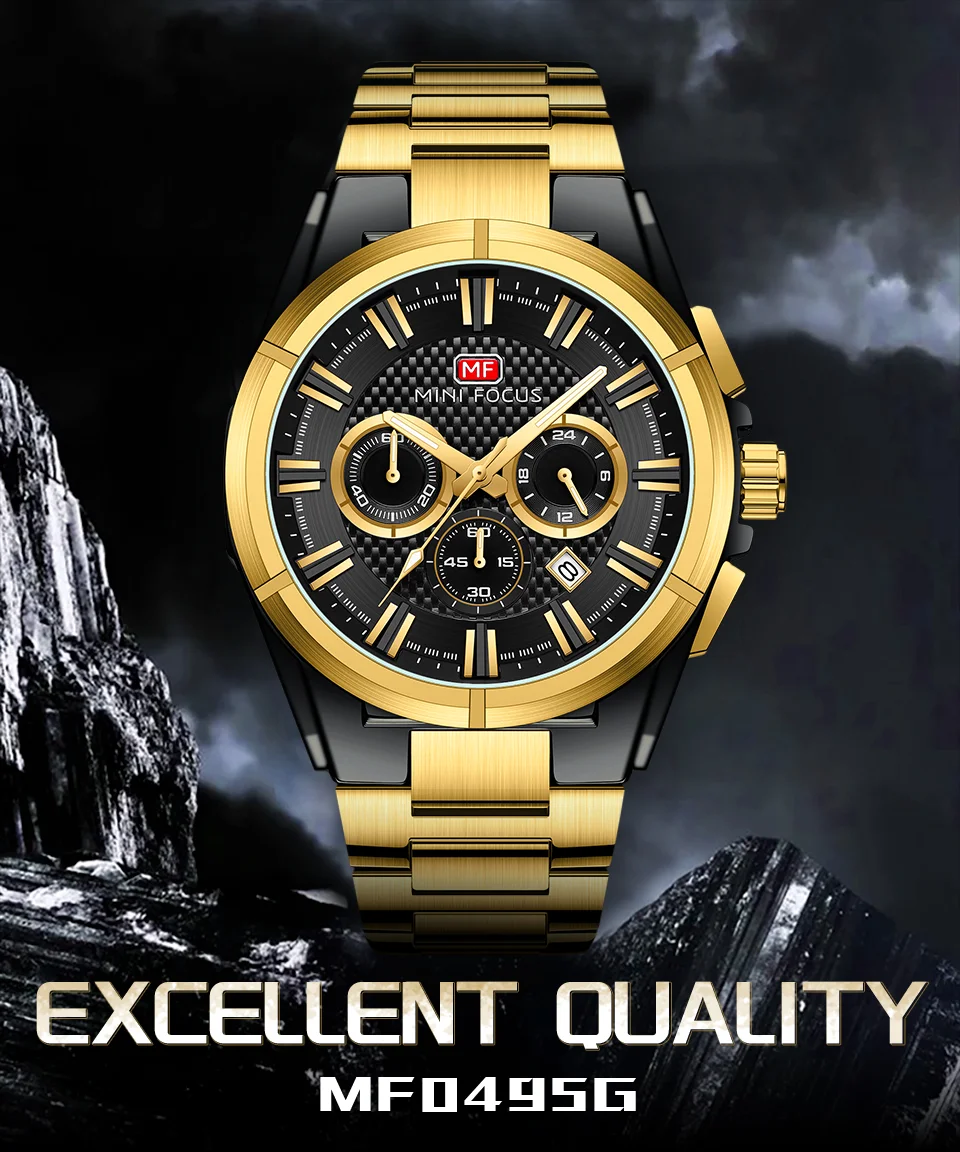Mini Focus MF0495G Men Chronograph Sport Watch Waterproof Stainless Steel Strap Wristwatch Manufacturer