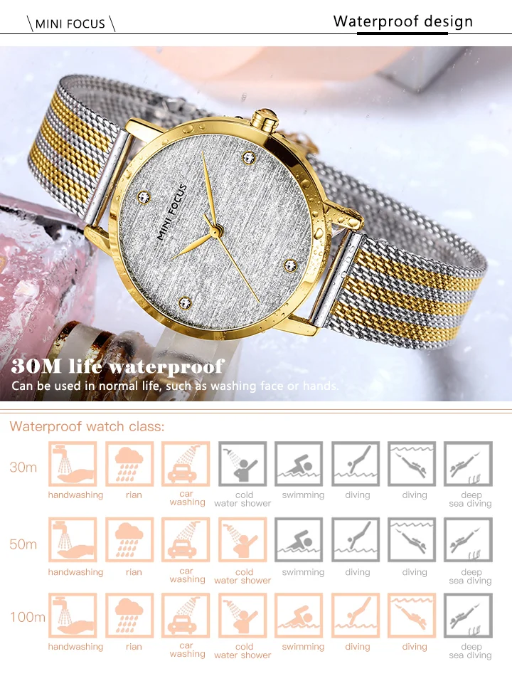 Elegant Waterproof Women's Quartz Watch – Stainless Steel Mesh Band with Crystal Scale | MINI FOCUS MF0329L