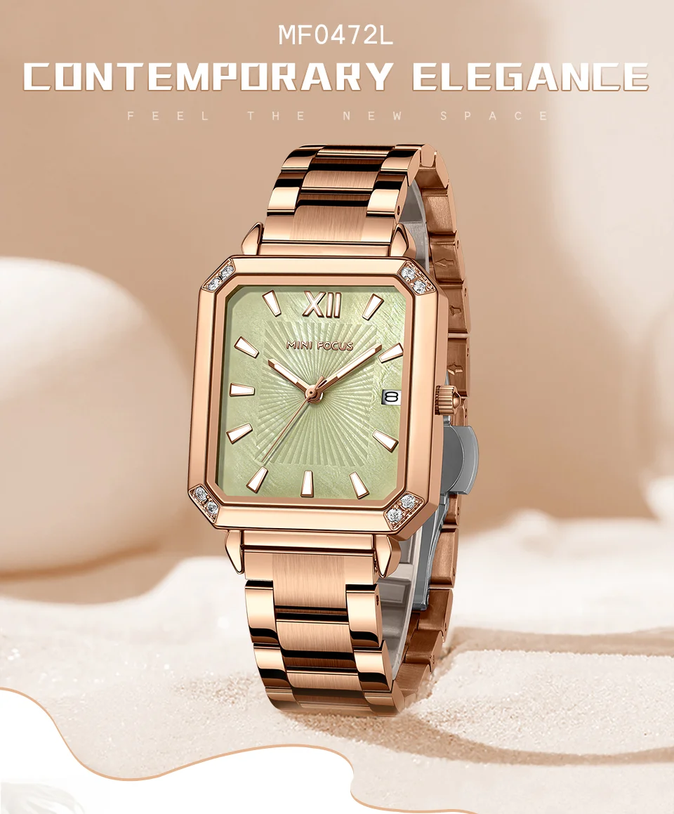 Elegant Square Ladies Watch – MINI FOCUS MF0472L Stainless Steel Strap Date Display Quartz Wristwatch