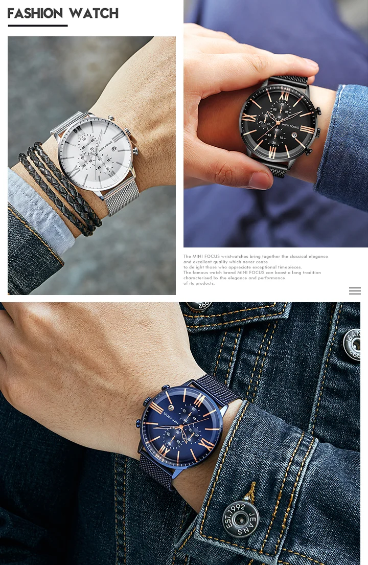 Mini Focus MF0236G Men’s Sports Quartz Watch | Chronograph Waterproof Stainless Steel Mesh Band
