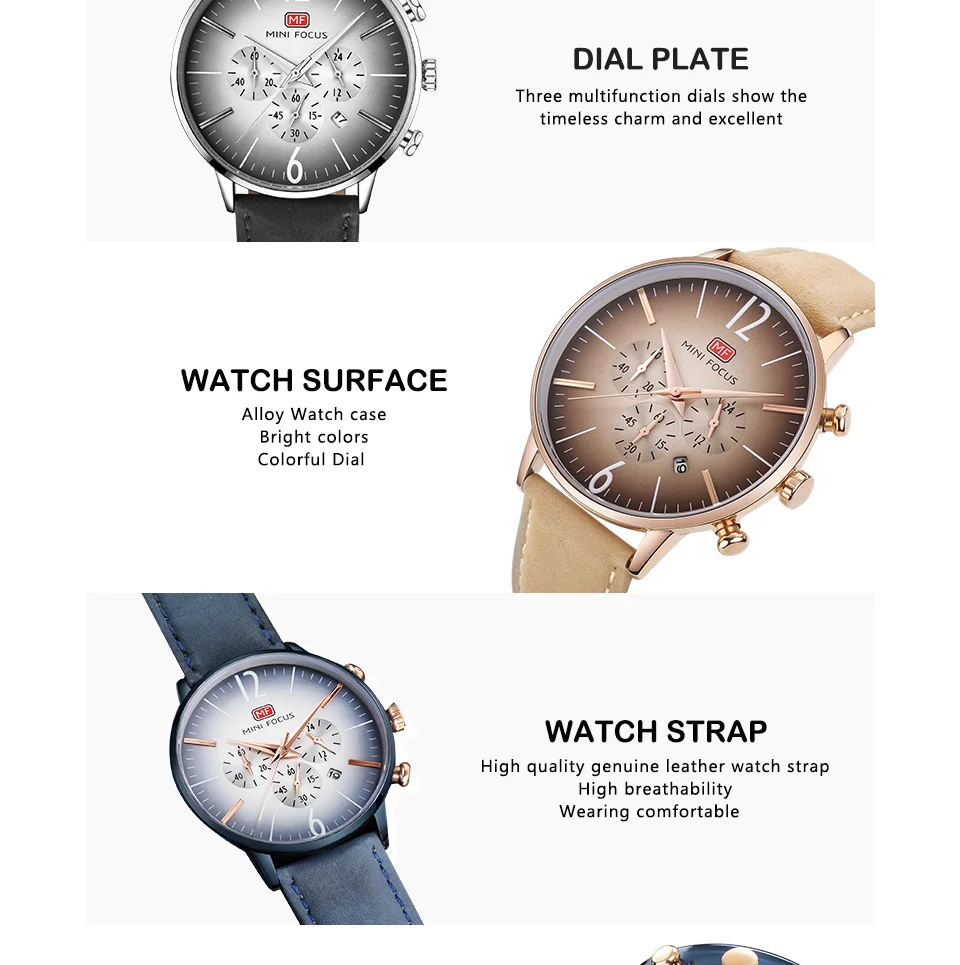 Mini Focus MF0114G Men’s Business Fashion Quartz Watch | Chronograph | Leather Strap | Factory Wholesale