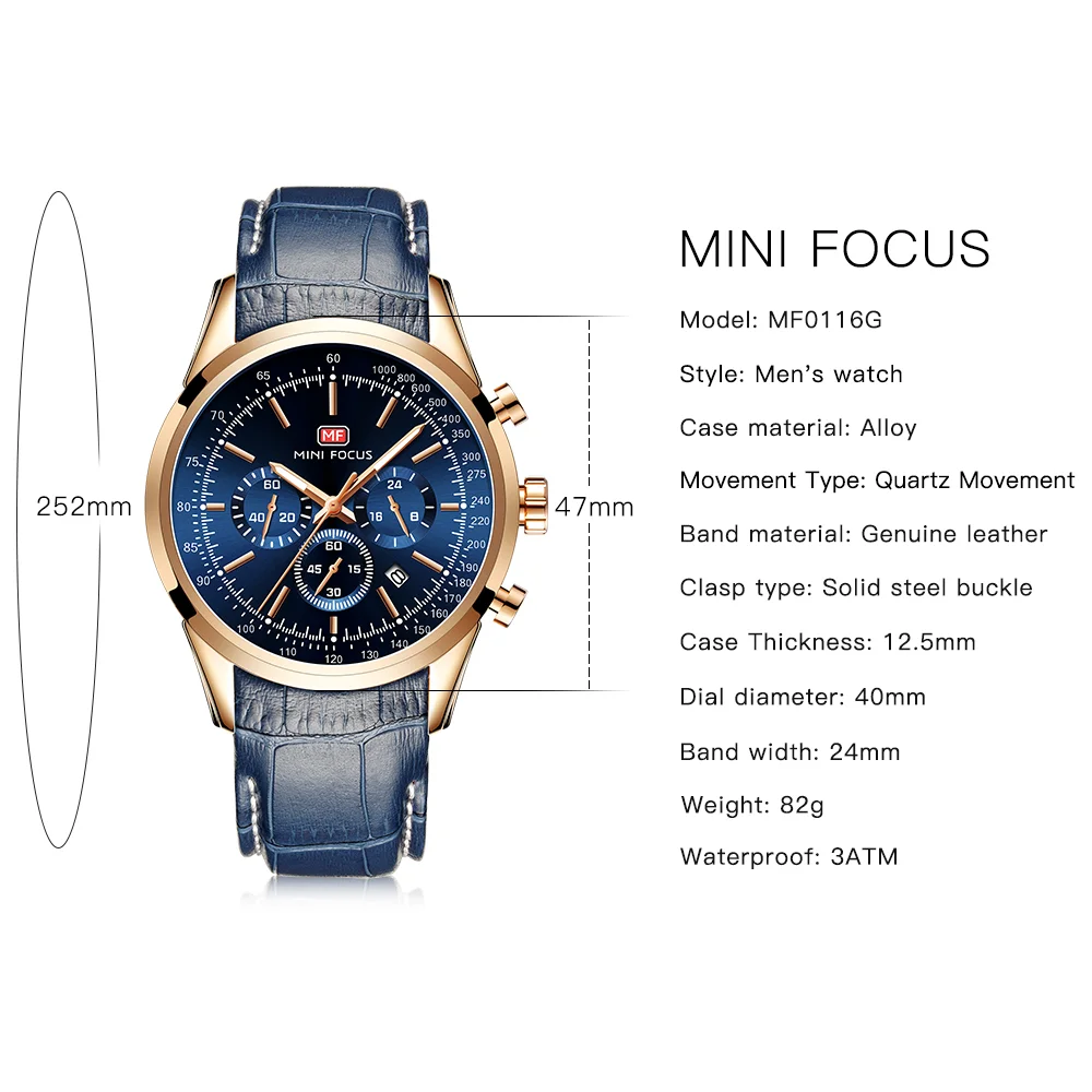 Mini Focus MF0116G Men’s Casual Quartz Watch | Waterproof Auto Date Leather Wristwatch | Factory Wholesale Custom