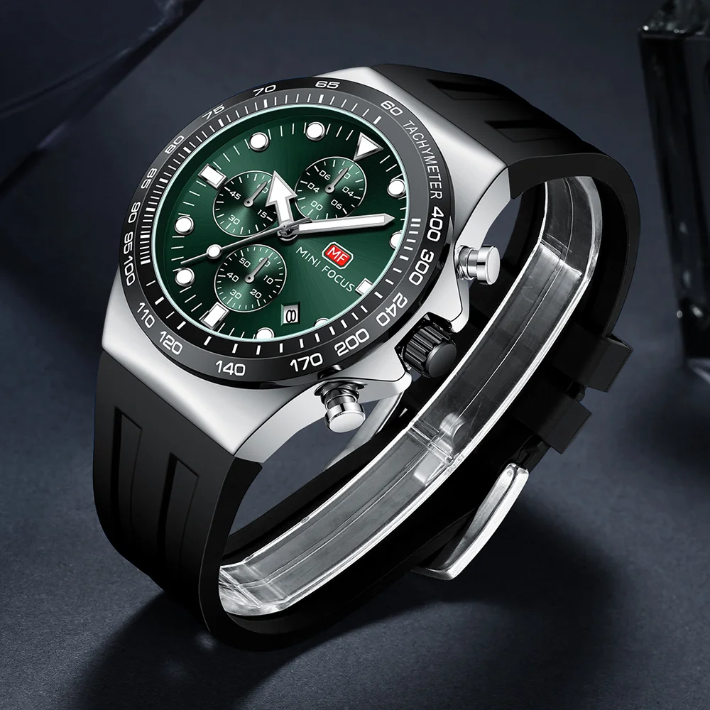 MINI FOCUS Dial Date Men’s Chronograph Sports Quartz Watch with Silicone Strap for Wholesale