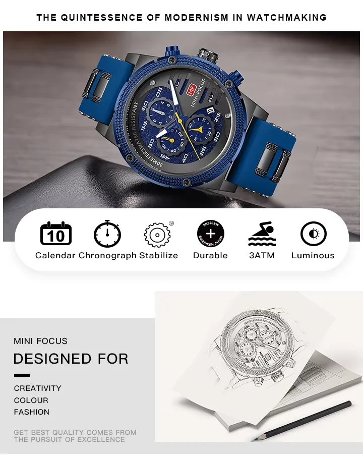 Mini Focus MF0246G Men’s Quartz Wristwatch | Alloy Case, Silicone Strap, 48mm Antique Dial