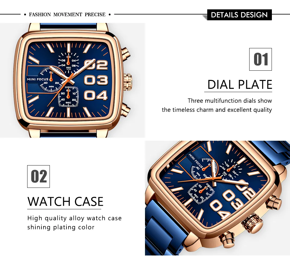 MINI FOCUS Quartz Waterproof Luminous Brand Men's Watches Stainless Steel Chronograph Multi-functional Wristwatches