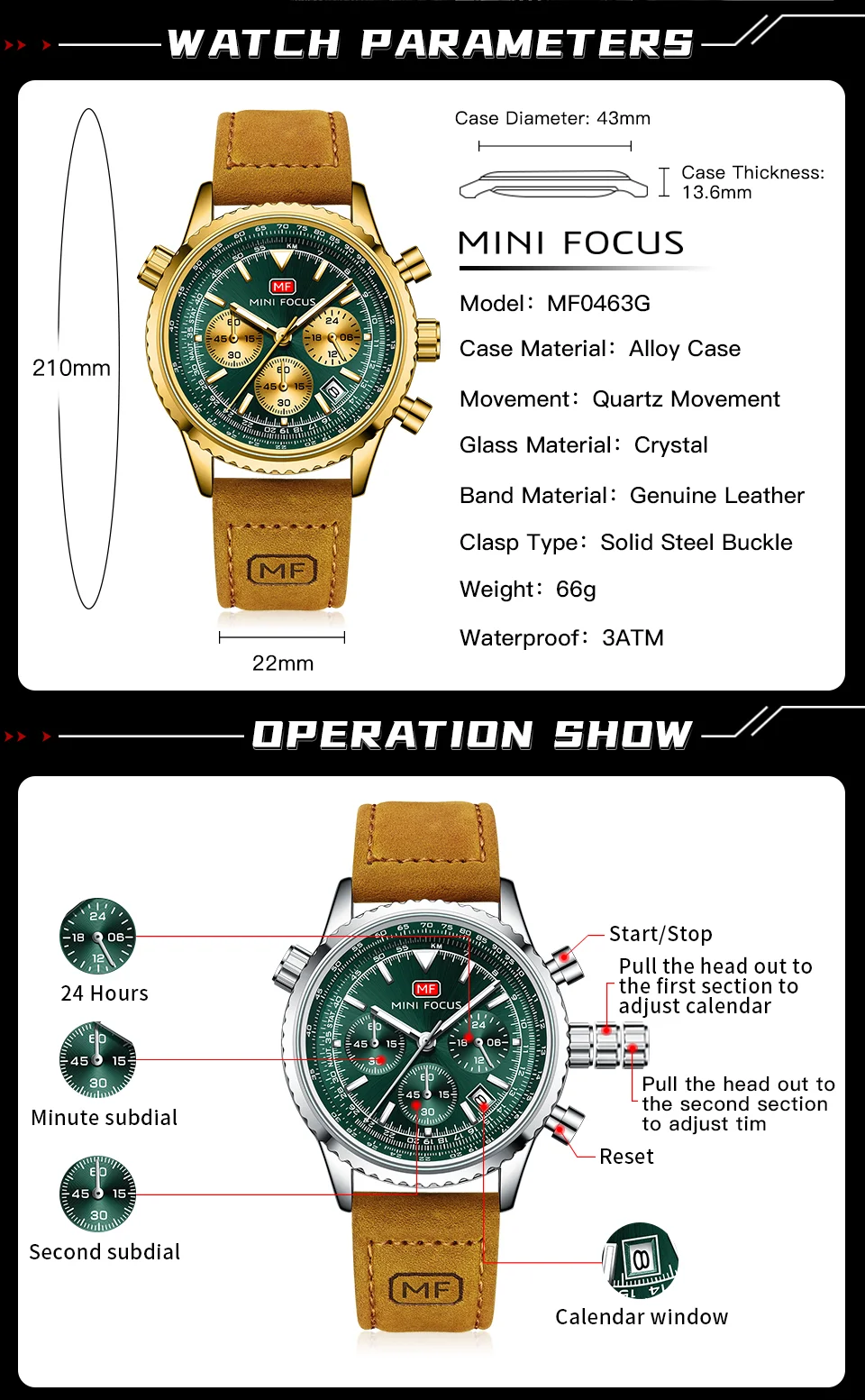 Luxury Men's Fashion Chronograph Watch with Leather Strap – Mini Focus Quartz Series