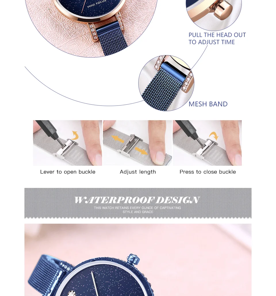 MINI FOCUS Women’s Luxury Quartz Watch | Rose Blue Mesh Strap Waterproof Wristwatch | 2025 New Fashion Casual Watch