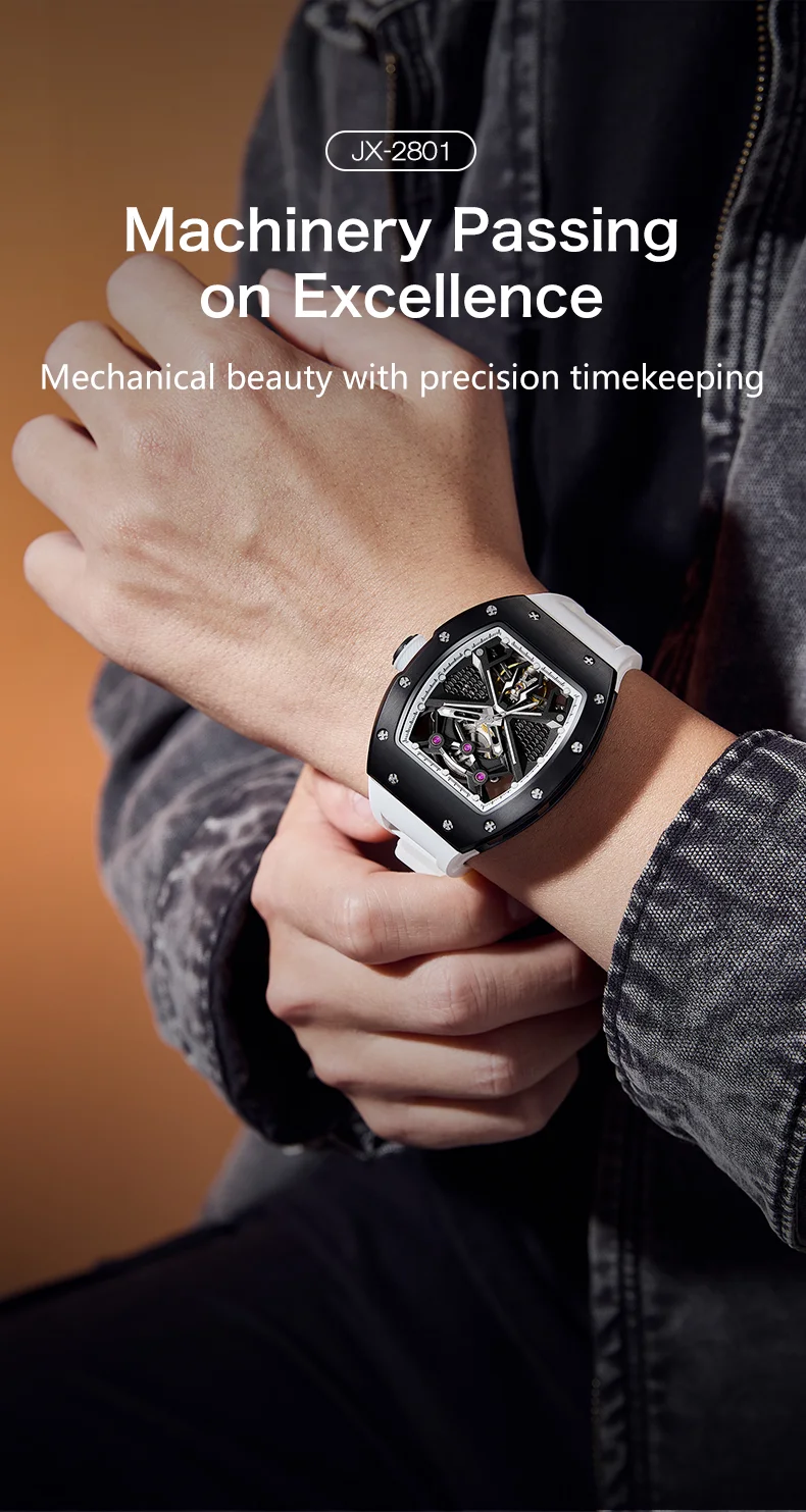 CHANCE 919005 Sporty Mechanical Watch 50M Waterproof, Hollow Dial, Silicone Strap for Men