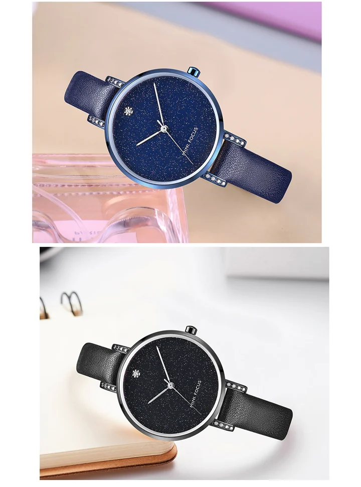 MINI FOCUS MF0159L Women’s Luxury Quartz Watch | Blue Leather Strap Elegant Iced-Out Ladies Wrist Watch with Box
