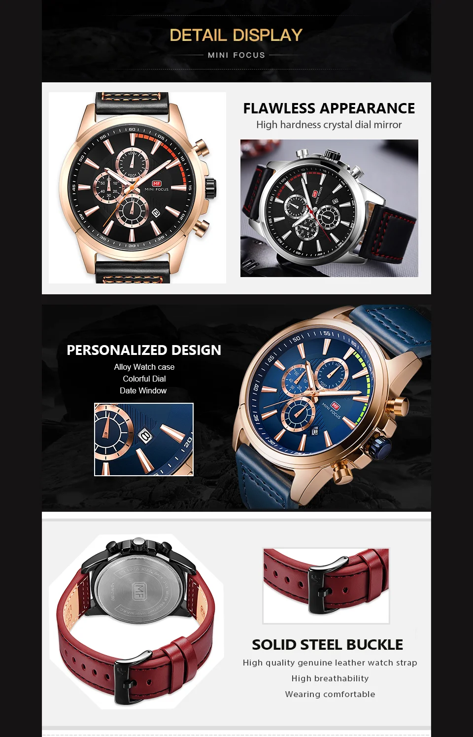 Mini Focus MF0129G Men’s Luxury Chronograph Watch | Sporty Leather Strap Quartz with Date | Factory Direct Wholesale