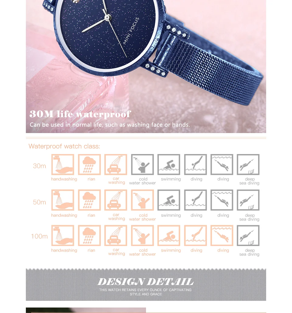 MINI FOCUS Women’s Luxury Quartz Watch | Rose Blue Mesh Strap Waterproof Wristwatch | 2025 New Fashion Casual Watch