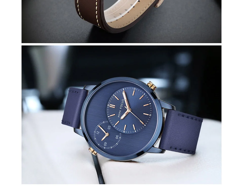 Mini Focus MF0035G Men’s Business Watch | Blue Dial Leather Strap Quartz Calendar | China Factory Wholesale