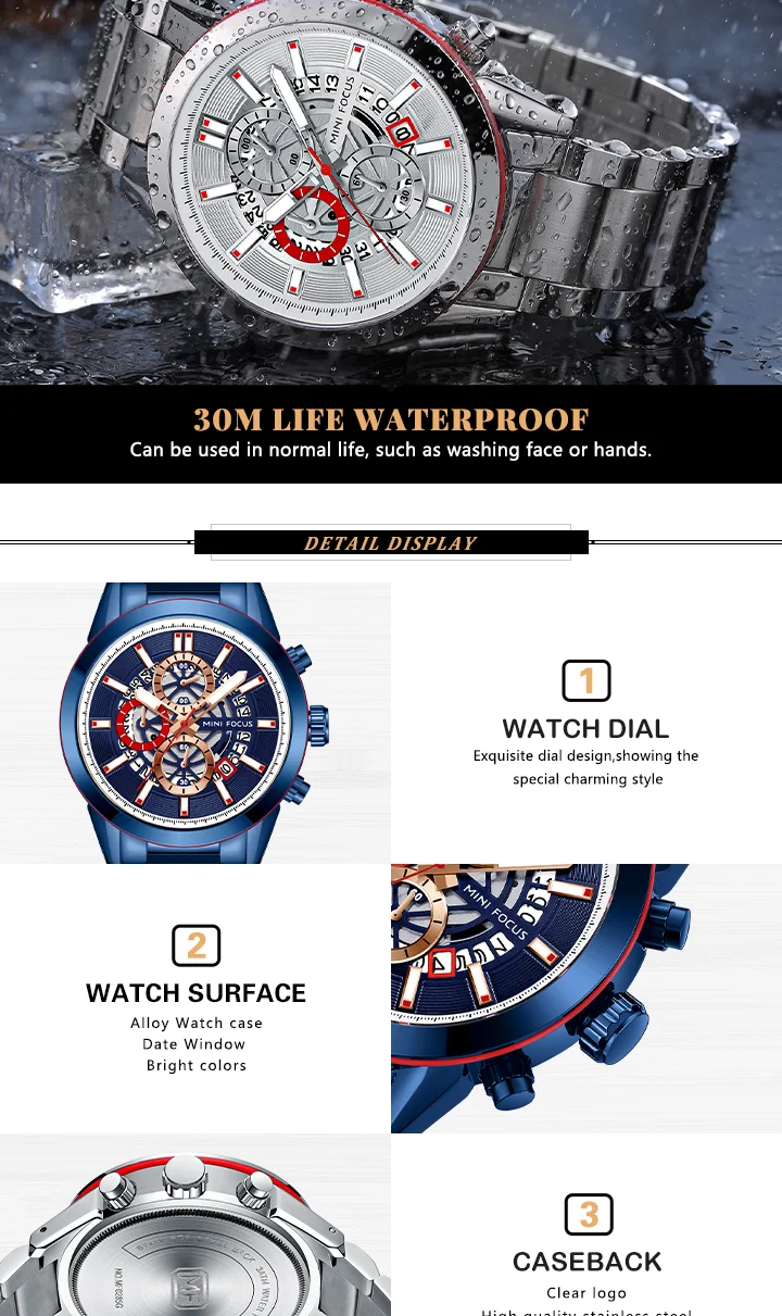 Mini Focus Racing Style Men's Watch Car Wheel Design Quartz Chronograph Stainless Steel Chain