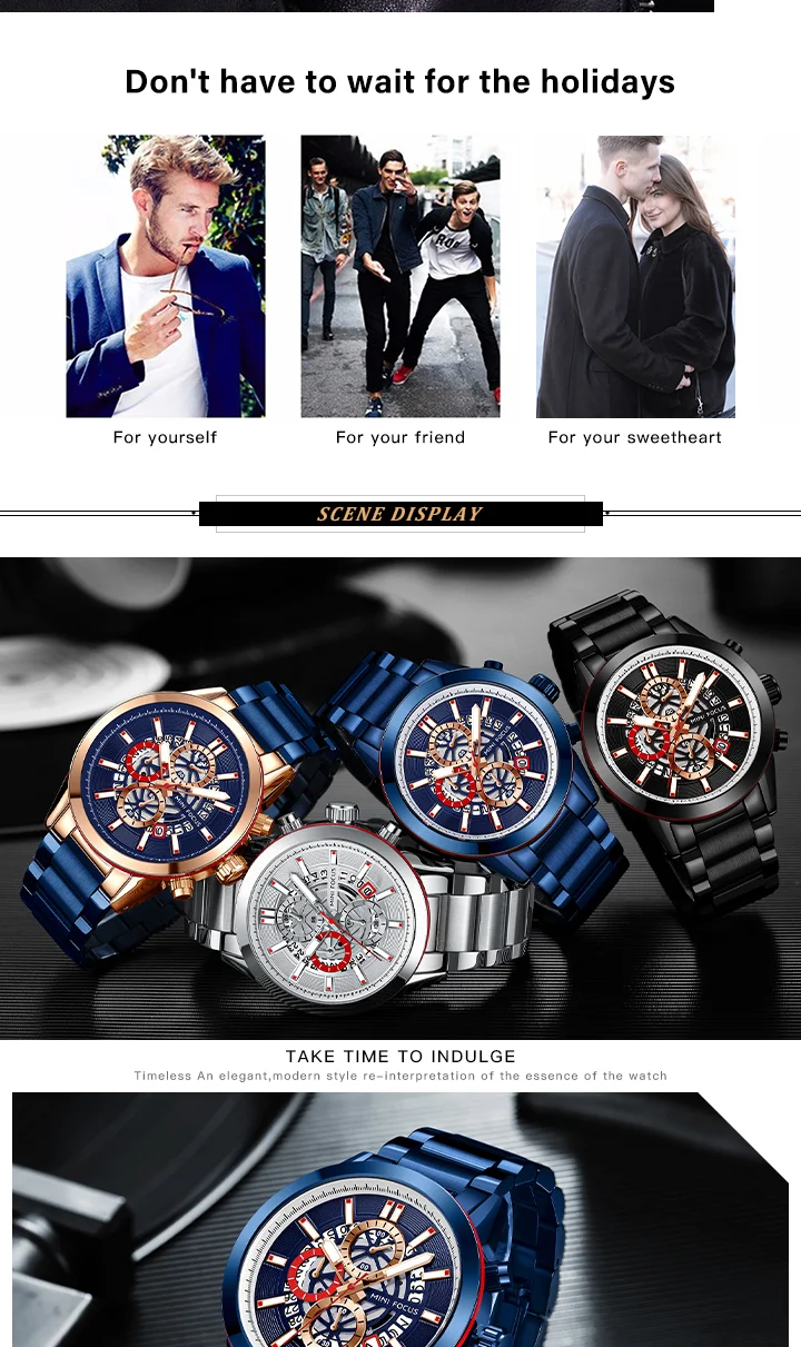 Mini Focus Racing Style Men's Watch Car Wheel Design Quartz Chronograph Stainless Steel Chain