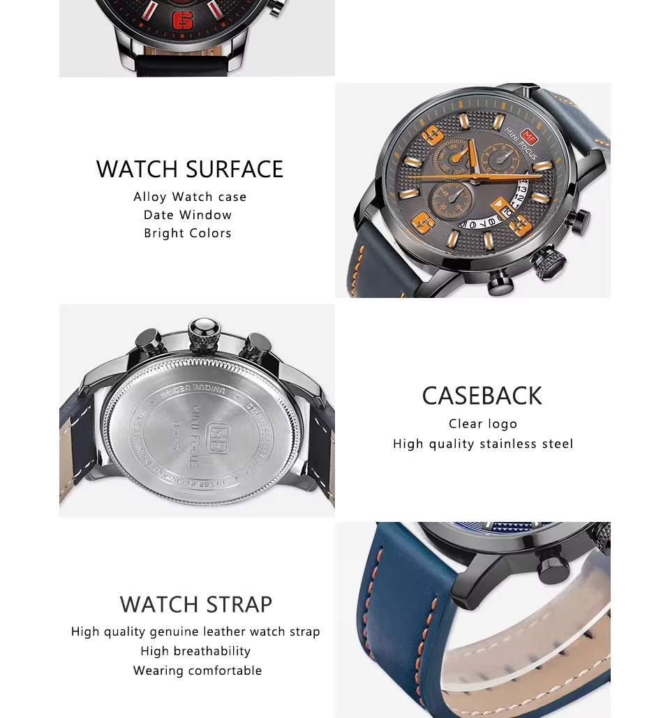 Mini Focus MF0025G Men’s Chronograph Quartz Watch | Leather Strap Waterproof 6-Hand Design | Factory Wholesale