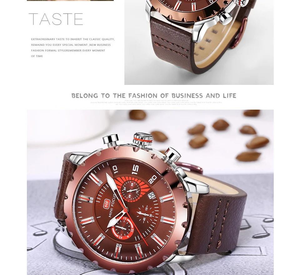 Mini Focus MF0079G Luxury Men's Chronograph Watch | Big Dial Leather Strap Quartz Business Wristwatch OEM Wholesale