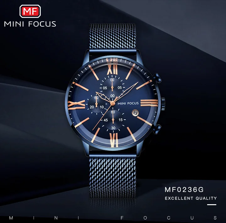 Mini Focus MF0236G Men’s Sports Quartz Watch | Chronograph Waterproof Stainless Steel Mesh Band
