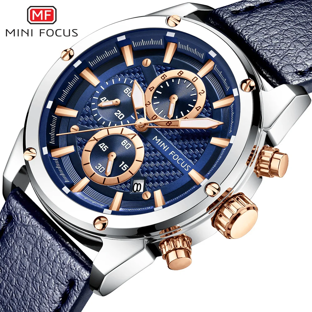 MINI FOCUS MF0161G Men’s Chronograph Quartz Watch | Three Eye Six Needle | High-Quality Leather Strap, Alloy Case