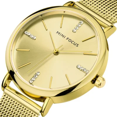 MINI FOCUS Luxury Ladies Watch Diamond Dial Gold Mesh Band