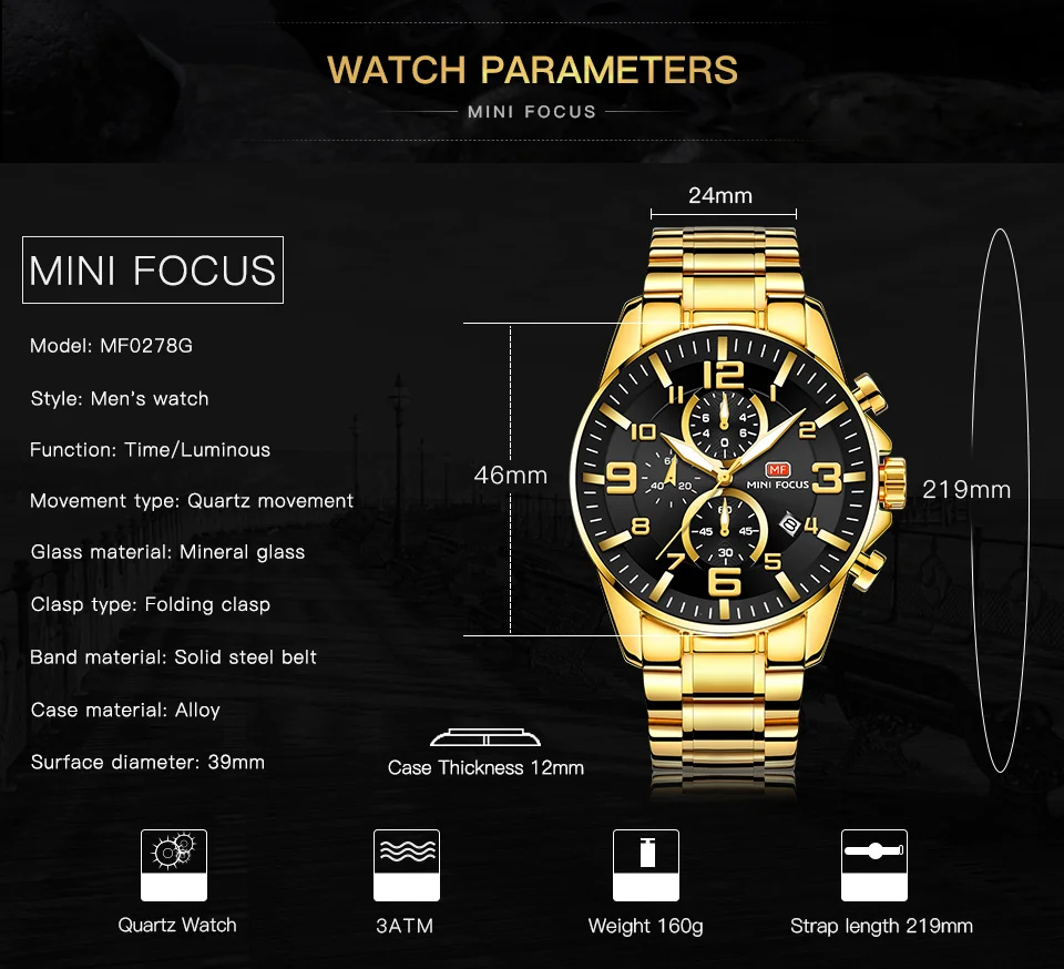 Mini Focus Gold Chronograph Men's Quartz Watch - Luxury Stainless Steel, Waterproof, Wholesale