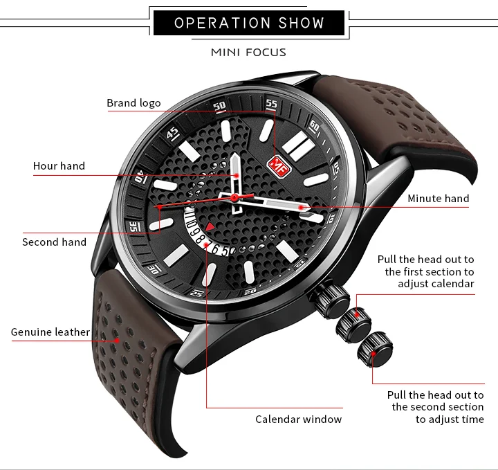 Mini Focus MF0152G Men’s Sport Quartz Watch | Waterproof Calendar Leather Strap Luminous Hands