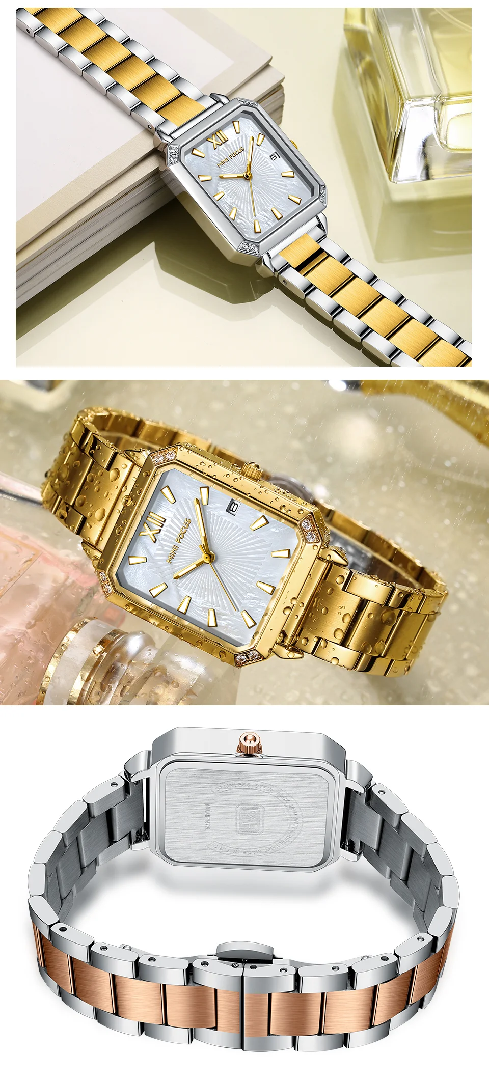 Elegant Square Ladies Watch – MINI FOCUS MF0472L Stainless Steel Strap Date Display Quartz Wristwatch