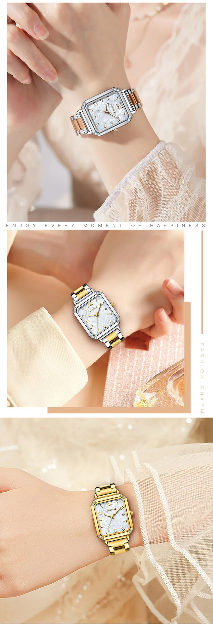 Elegant Square Ladies Watch – MINI FOCUS MF0472L Stainless Steel Strap Date Display Quartz Wristwatch