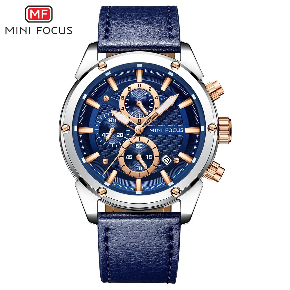 MINI FOCUS MF0161G Men’s Chronograph Quartz Watch | Three Eye Six Needle | High-Quality Leather Strap, Alloy Case