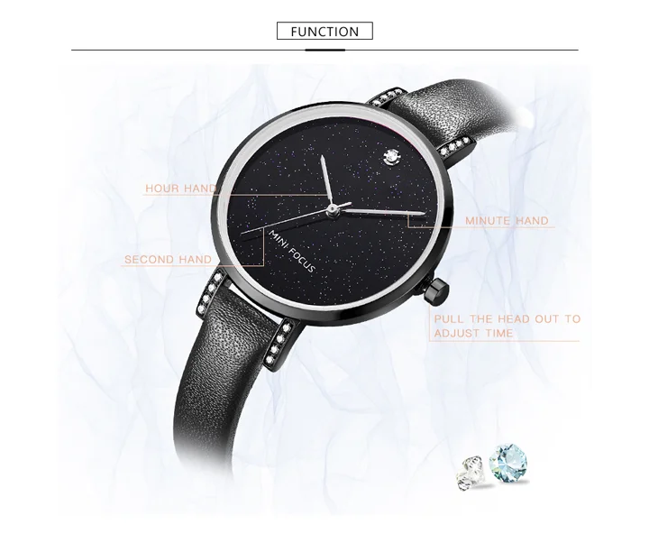 MINI FOCUS MF0159L Women’s Luxury Quartz Watch | Blue Leather Strap Elegant Iced-Out Ladies Wrist Watch with Box
