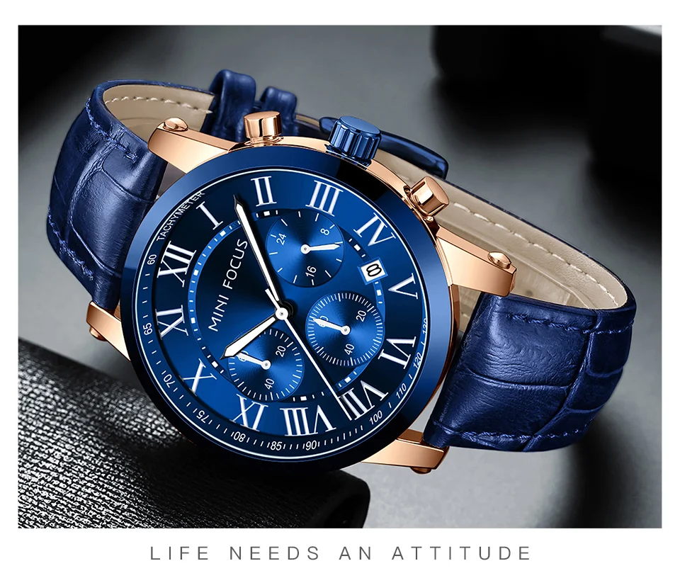 Fashion Leather Chronograph Watch for Men Classic Quartz Wristwatch by MINI FOCUS Wholesale 