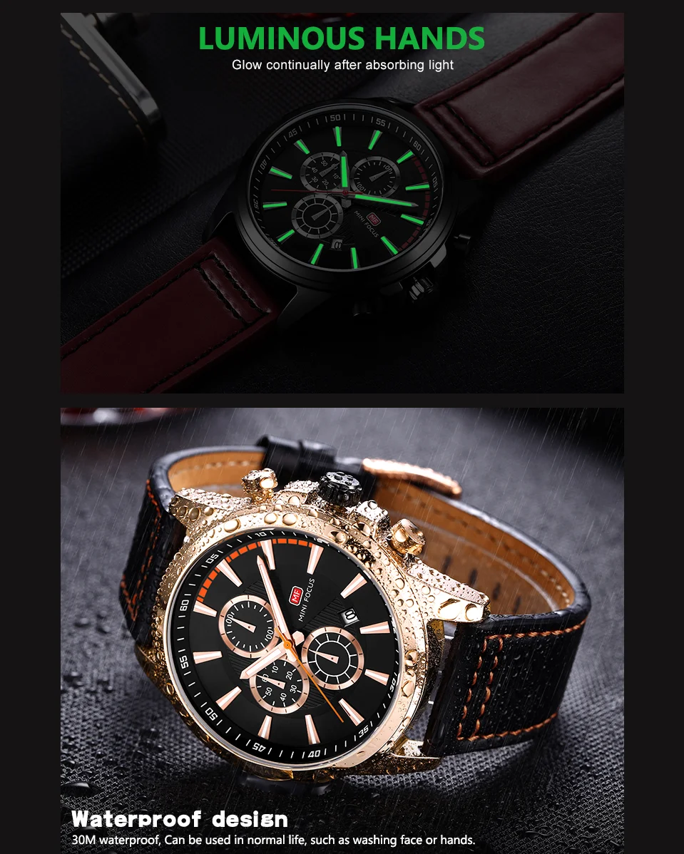 Mini Focus MF0129G Men’s Luxury Chronograph Watch | Sporty Leather Strap Quartz with Date | Factory Direct Wholesale